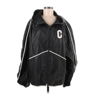 Leather Hooded Bomber Letterman Jacket Black C 38 US 6